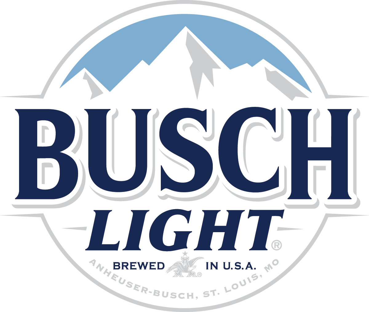 The Busch Light logo featuring white mountain peaks against a light blue circle, with dark blue text on a white background.