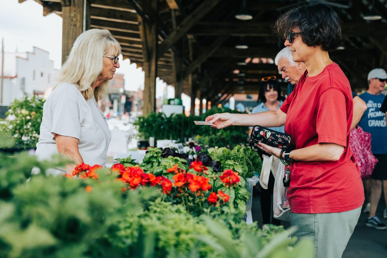 A customer in a red shirt exchanges payment with a vendor at an outdoor plant market.