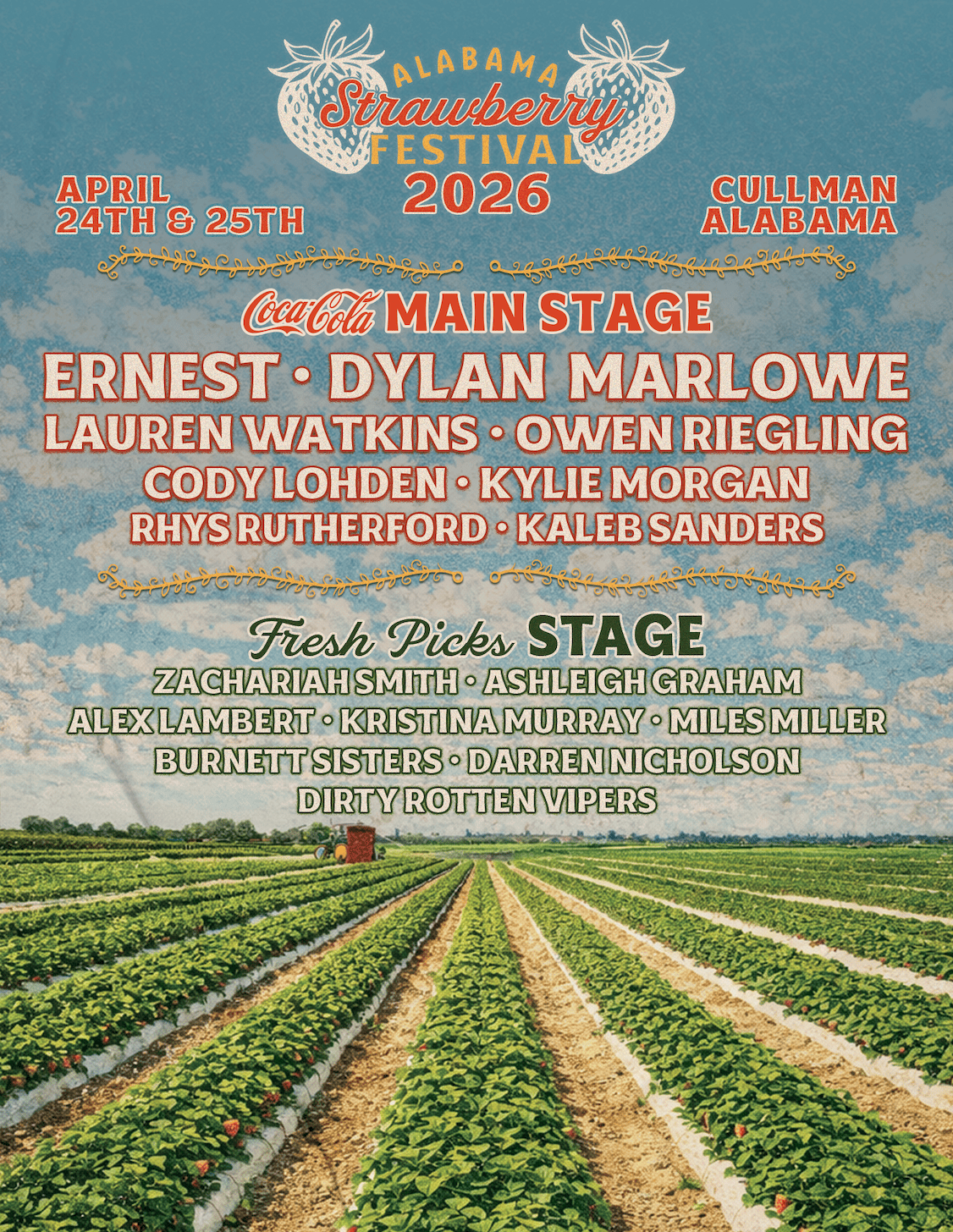 Poster for the 2026 Alabama Strawberry Festival. Featuring bands on the Coca-Cola Main Stage and Fresh Picks Stage, with strawberry field background.