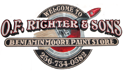 Logo for O.F. Righter & Sons, a Benjamin Moore paint store, featuring a paintbrush and paint can with phone number 256-734-0582.