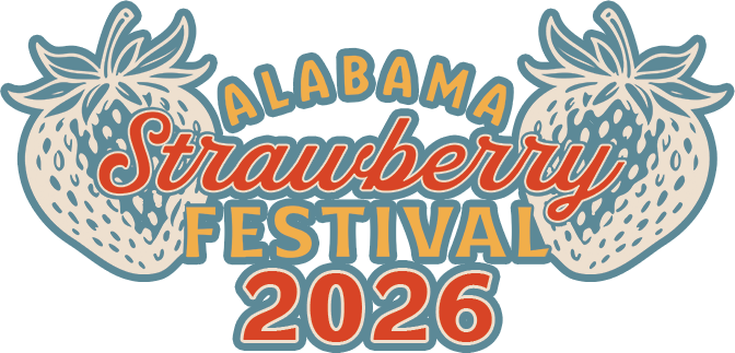 The logo for the alabama strawberry festival with two strawberries on a white background.