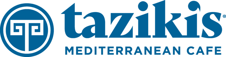 Blue Taziki's Mediterranean Cafe logo featuring a stylized Greek column icon in a circle next to the company name.