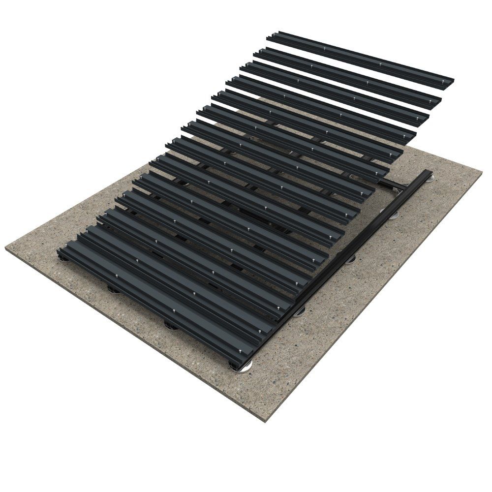 a 3d rendering of a black roof with a concrete base