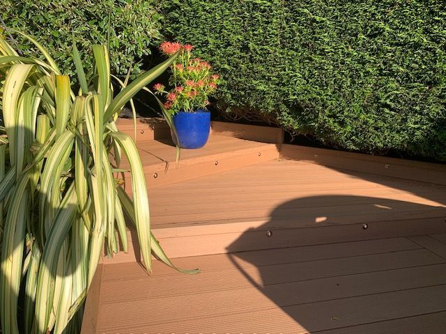 a blue potted plant is sitting on a wooden deck .