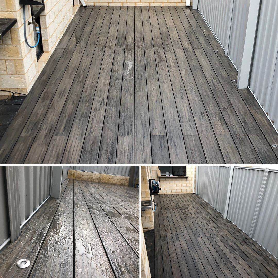 a before and after photo of a wooden deck