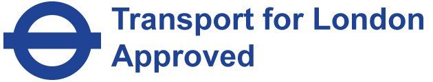 a blue and white logo that says transport for london approved
