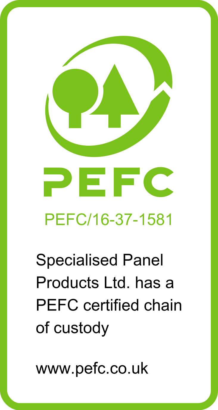 a green and white sign that says pefc specialized panel products ltd has a pefc certified chain of custody .