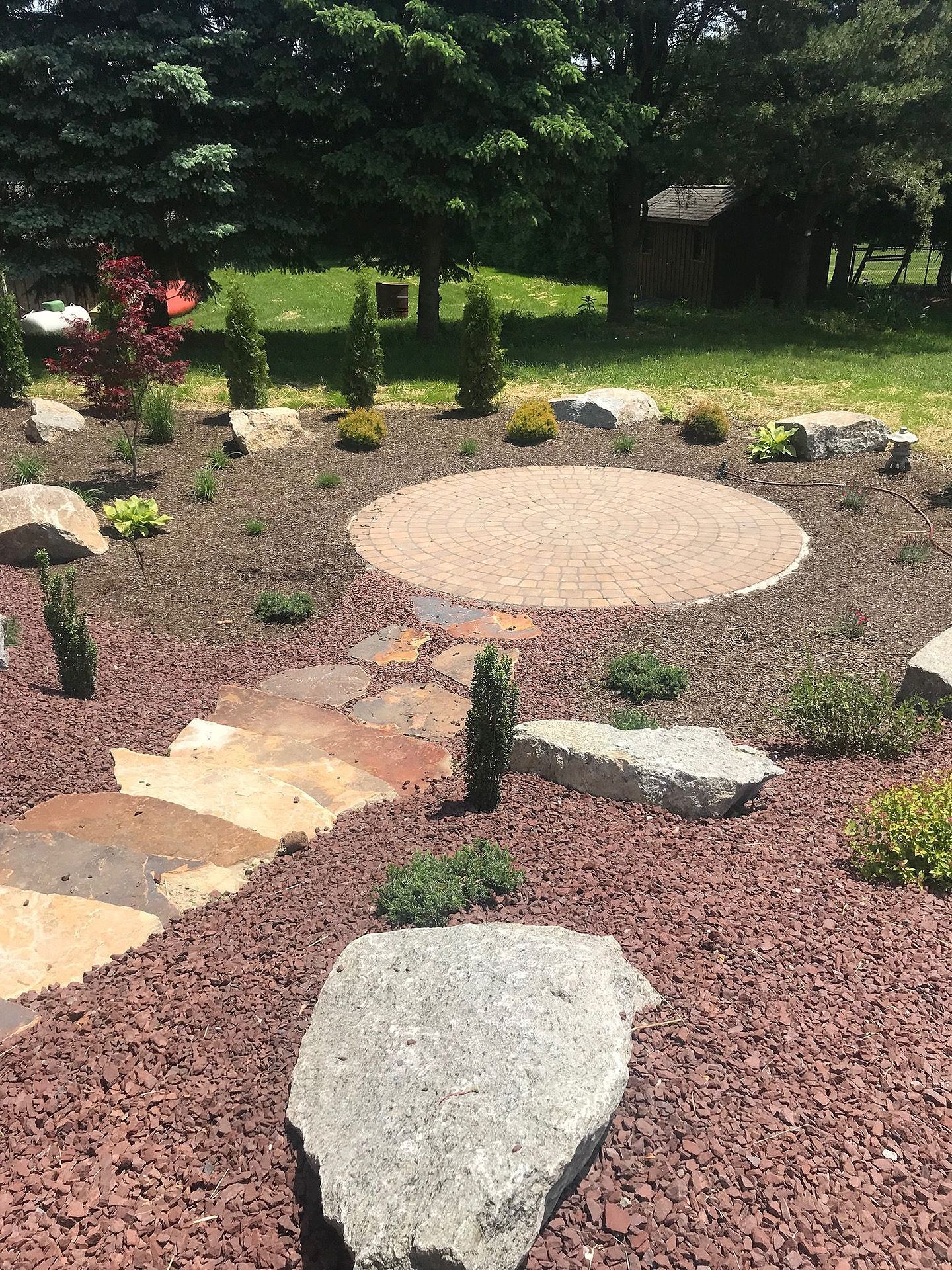 A rock garden with a circle in the middle of it surrounded by rocks and gravel.