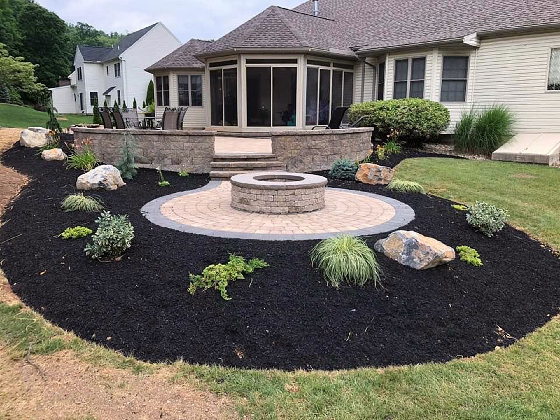 There is a fire pit in the middle of the yard in front of a house.