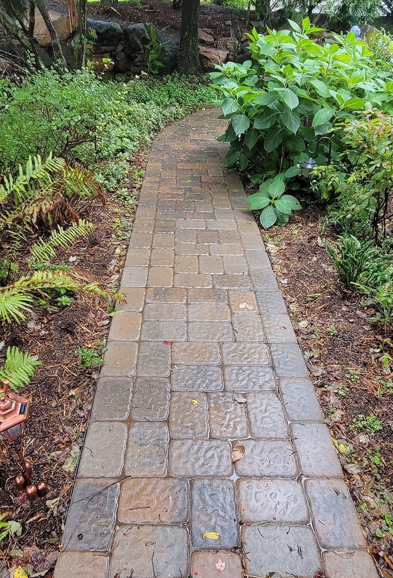 A brick walkway in a garden surrounded by plants and trees.