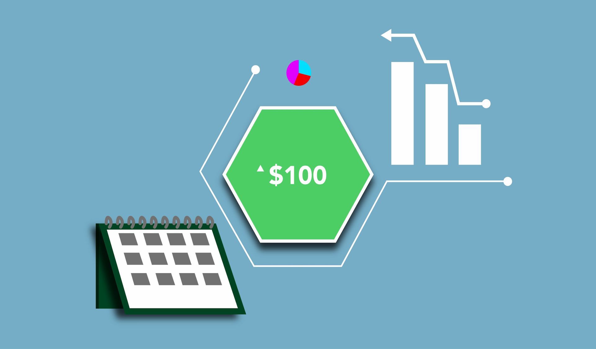 A calendar, a graph, and a dollar sign on a blue background.