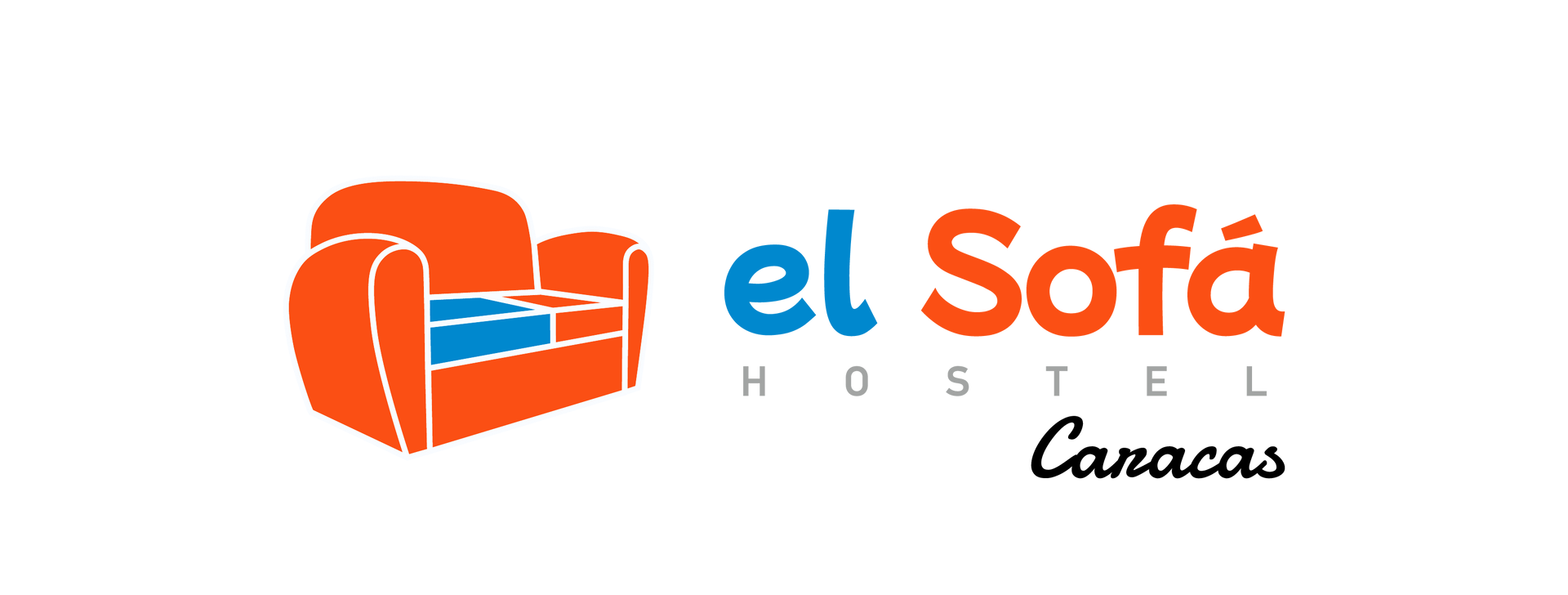 Logo for El Sofá Hostel Caracas featuring an orange sofa illustration next to the text 