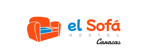Logo for El Sofá Hostel Caracas featuring an orange sofa illustration next to the text 