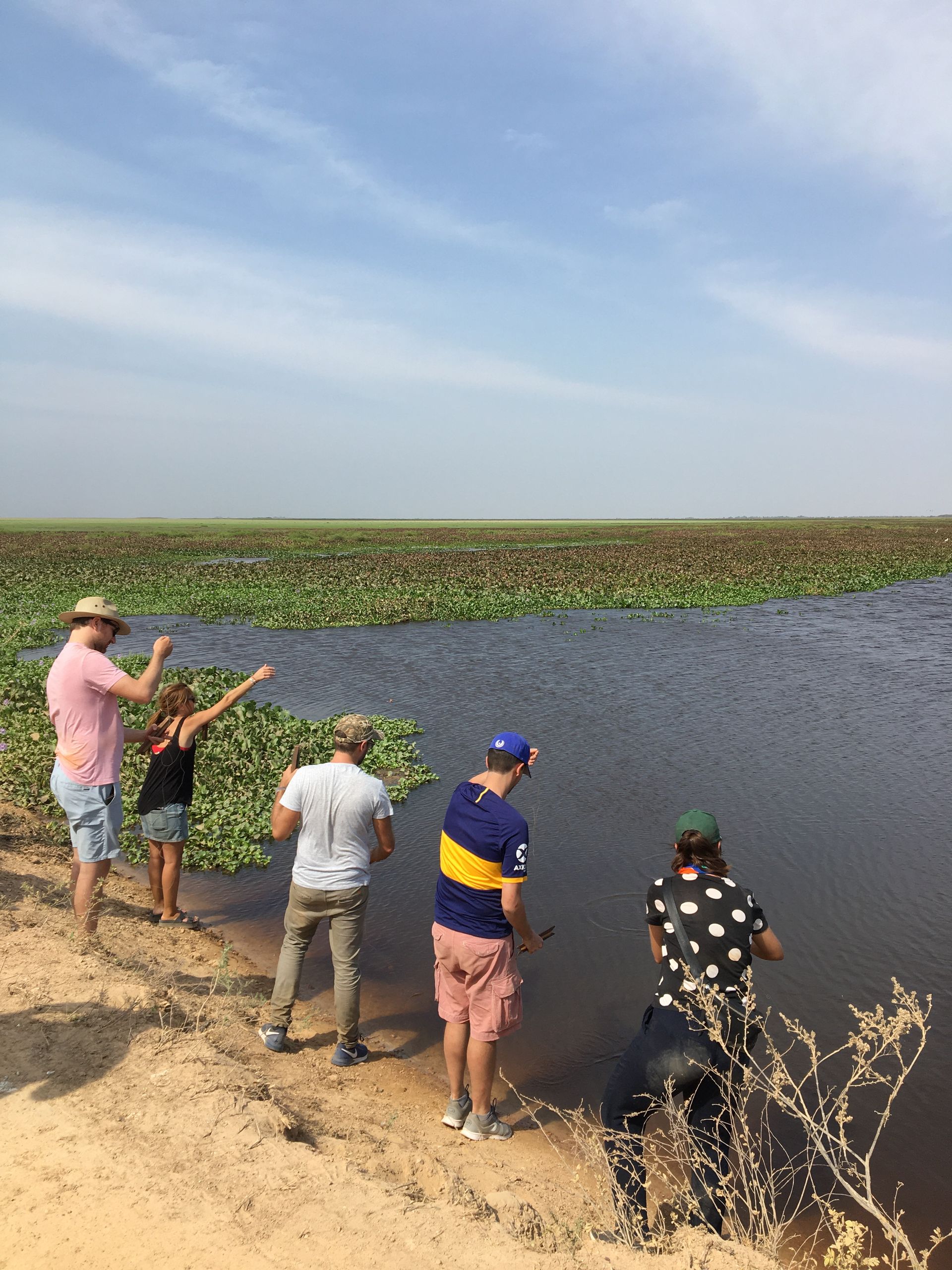 Five people fishing on a riverbank, some casting lines, others pointing. Brown soil, blue water with lily pads, and a bright sky.