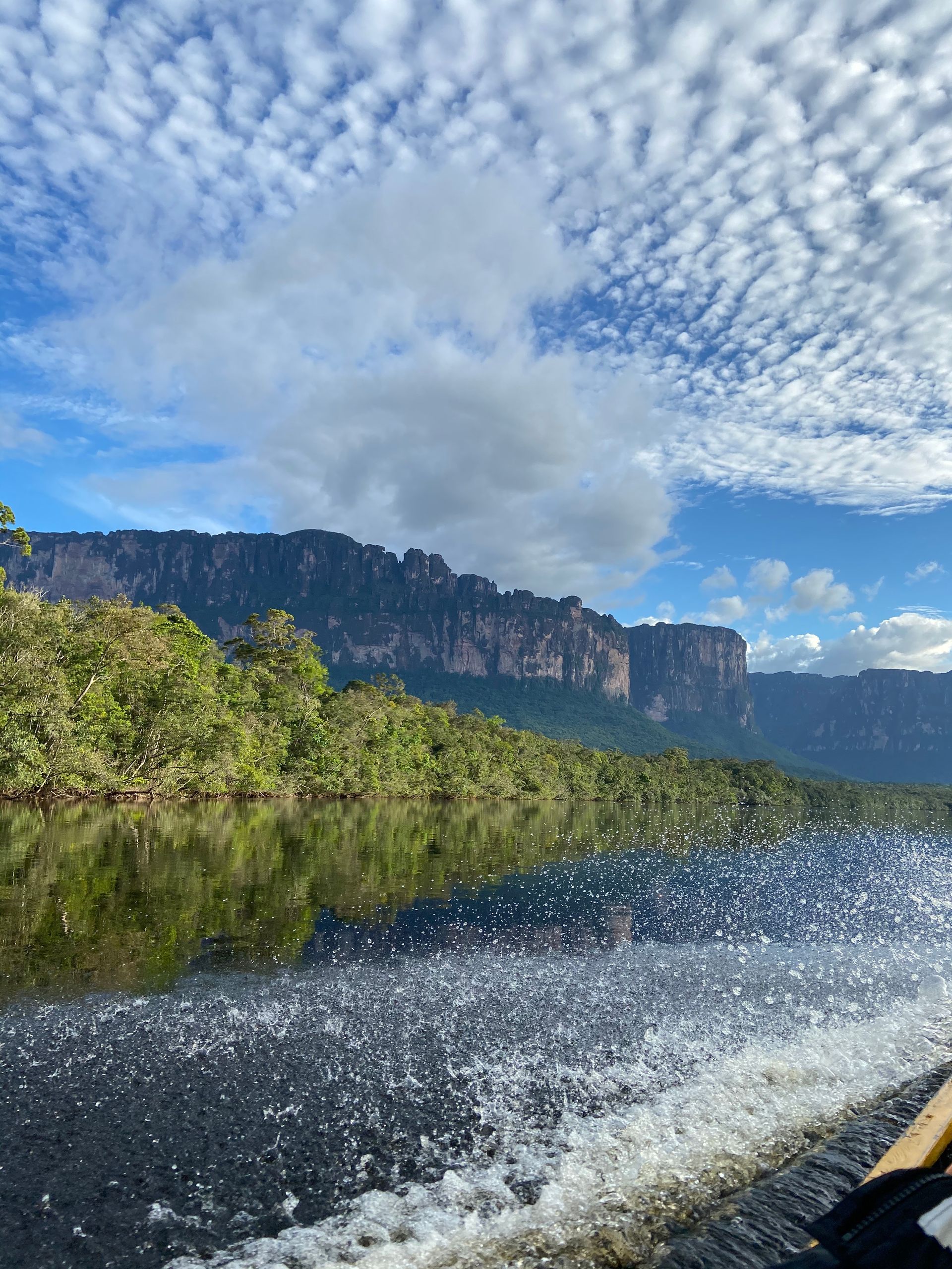Water ripples from a boat in front of a lush green shoreline, with a flat-topped mountain under a cloudy blue sky.