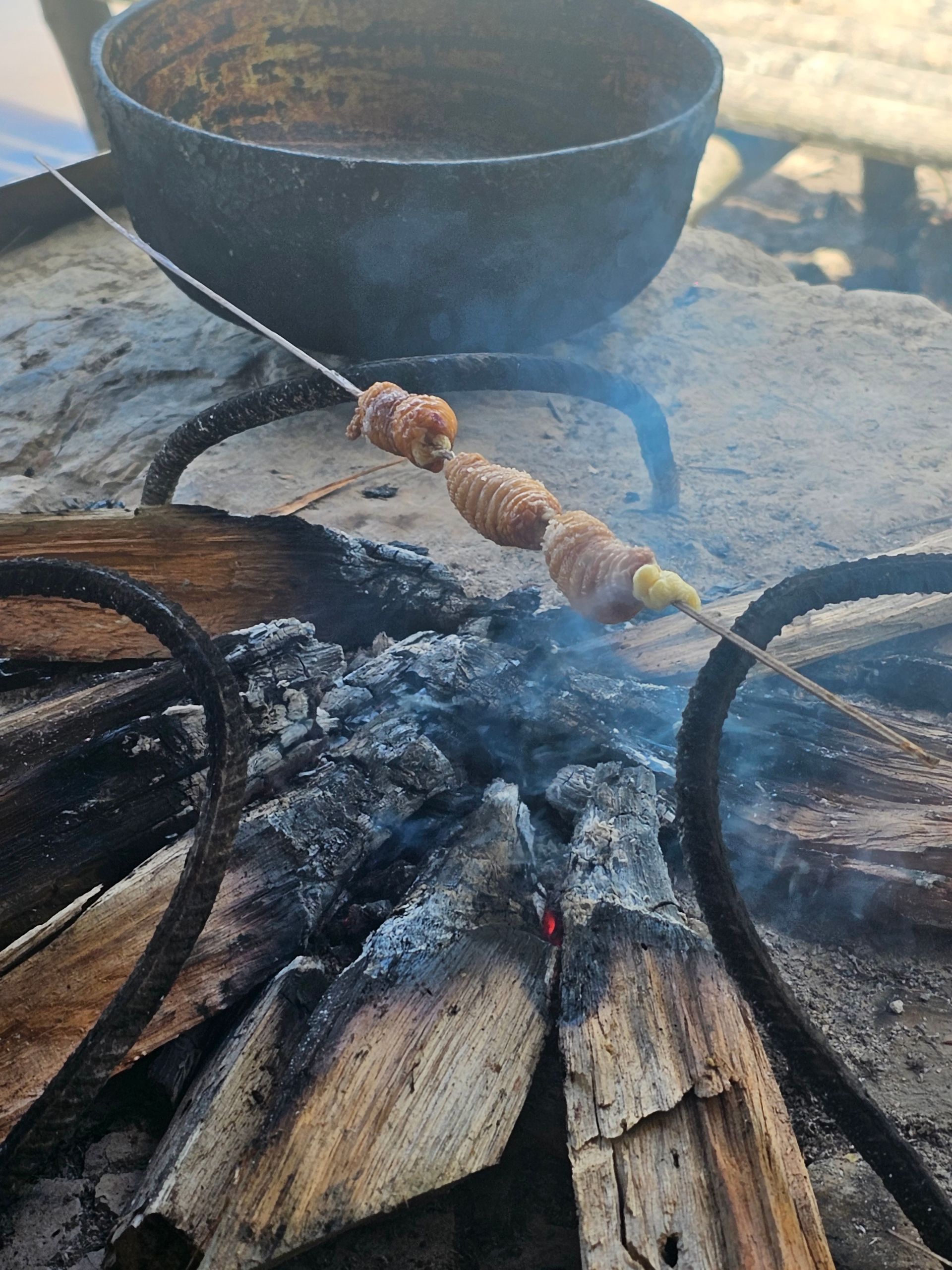 Cooking food over a campfire: skewers of food over glowing embers, a dark pot, and charred wood.