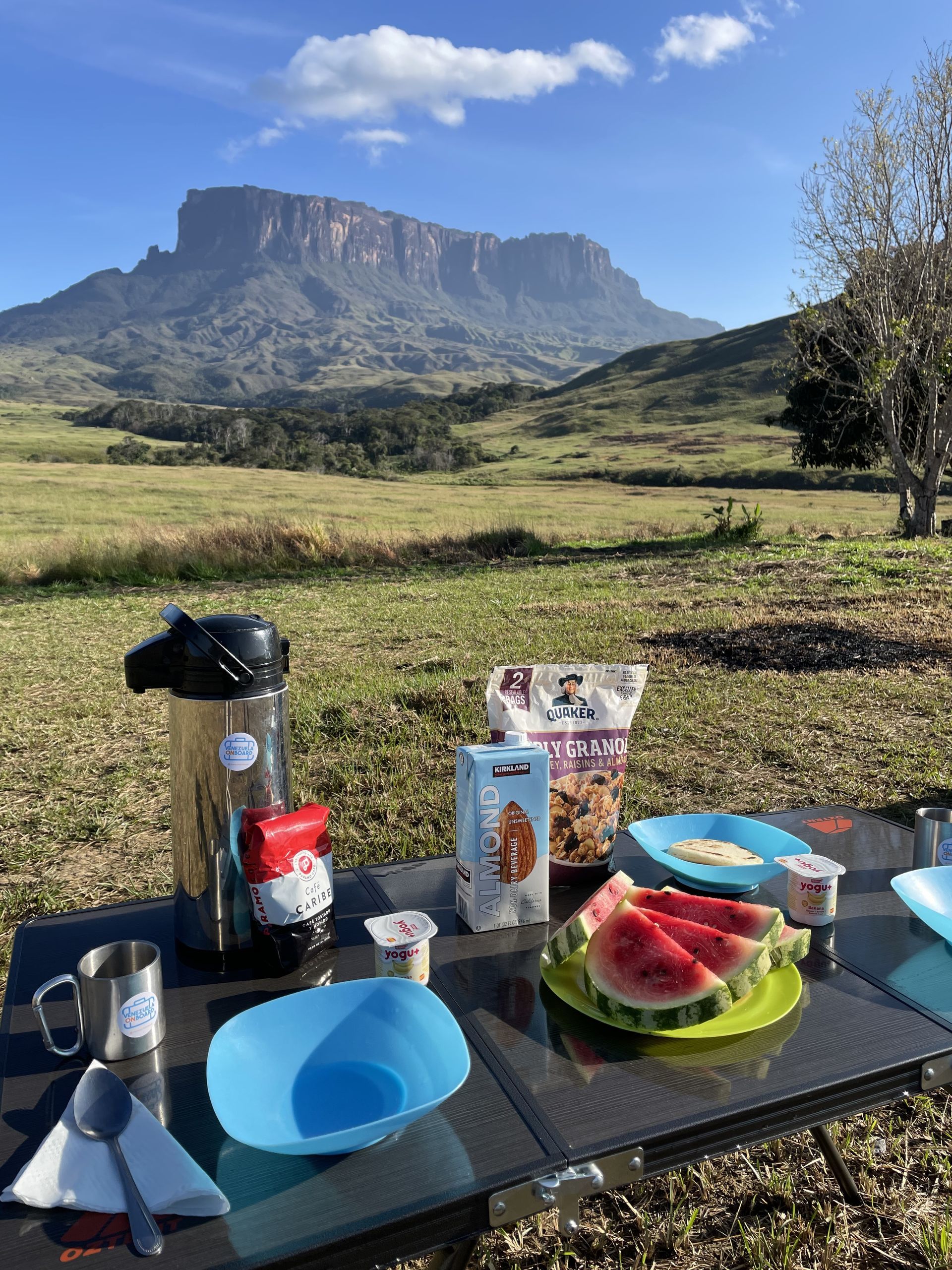 Picnic breakfast set on a table in a grassy field with a large flat-topped mountain in the background.