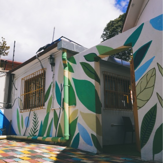 White building with leaf mural, green pipes, and a multi-colored brick walkway. Bright blue sky.