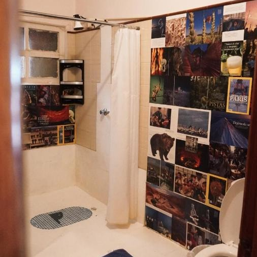 A small bathroom with a shower and toilet. The walls are covered with a collage of posters.