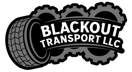 Black and white Blackout Transport LLC logo with a tire and gear graphic