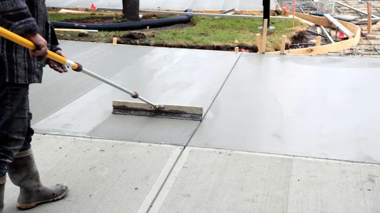 A man is spreading concrete on a sidewalk with a broom.