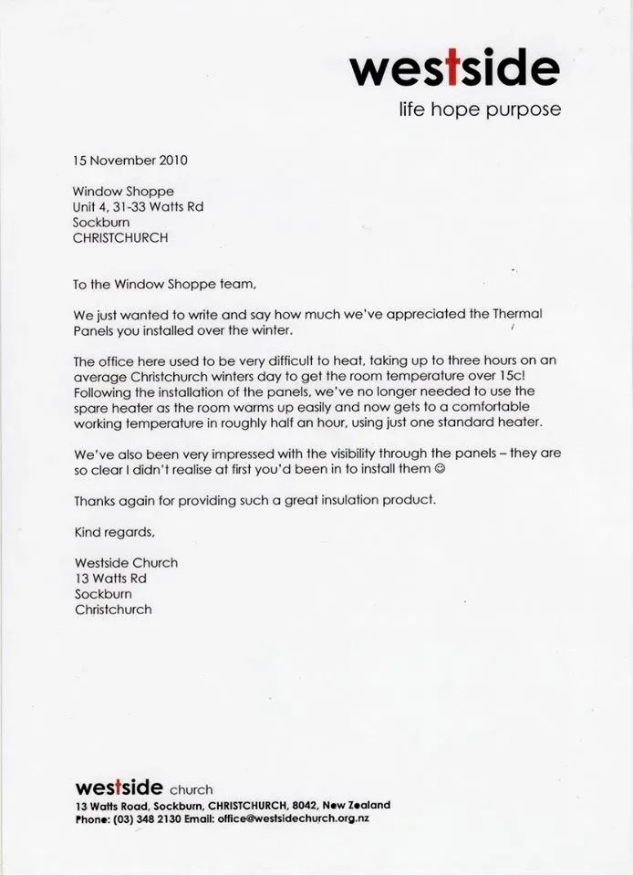 A letter from westside life hope purpose is on a white background.