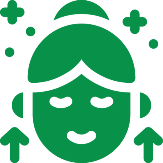 smiling face icon with hair bun, arrows, and sparkles on a white background