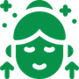 smiling face icon with hair bun, arrows, and sparkles on a white background