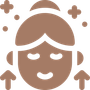 smiling face icon with hair bun, arrows, and sparkles on a white background