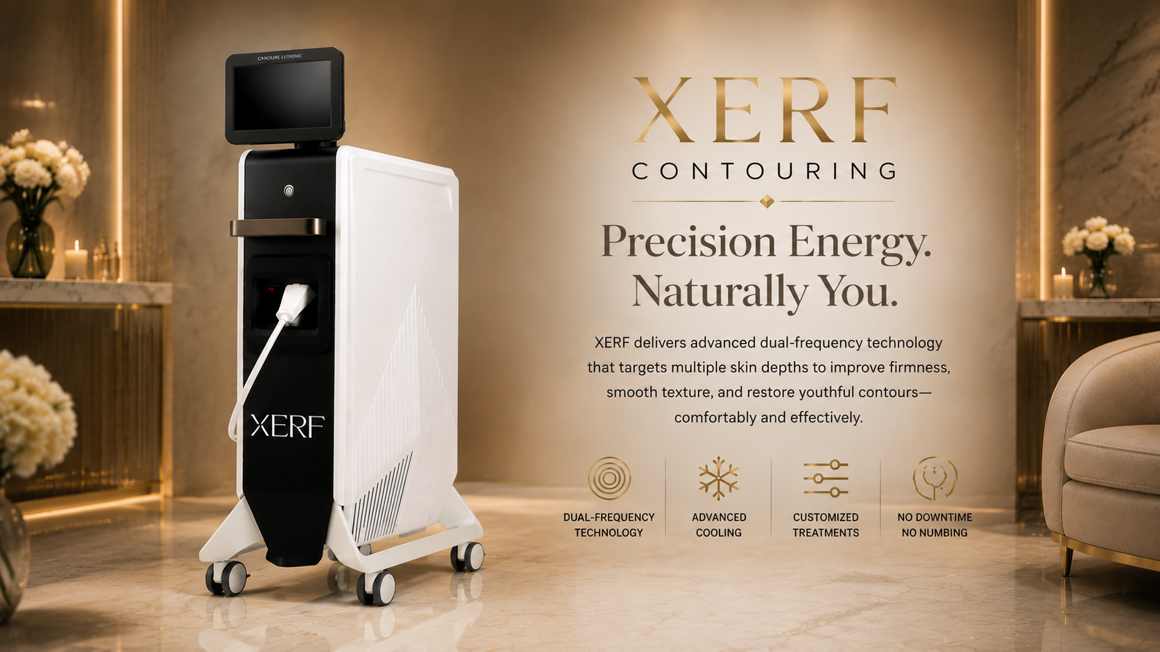 XERF contouring device in a warm luxury spa setting, with promotional text for precision energy and natural tone