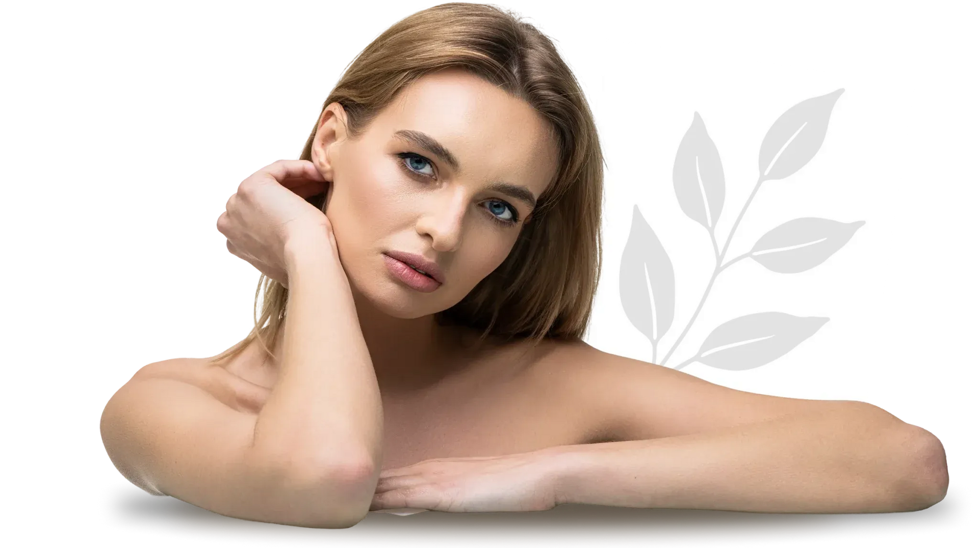 Woman resting her head on her hands against a white background with faint leaf graphics