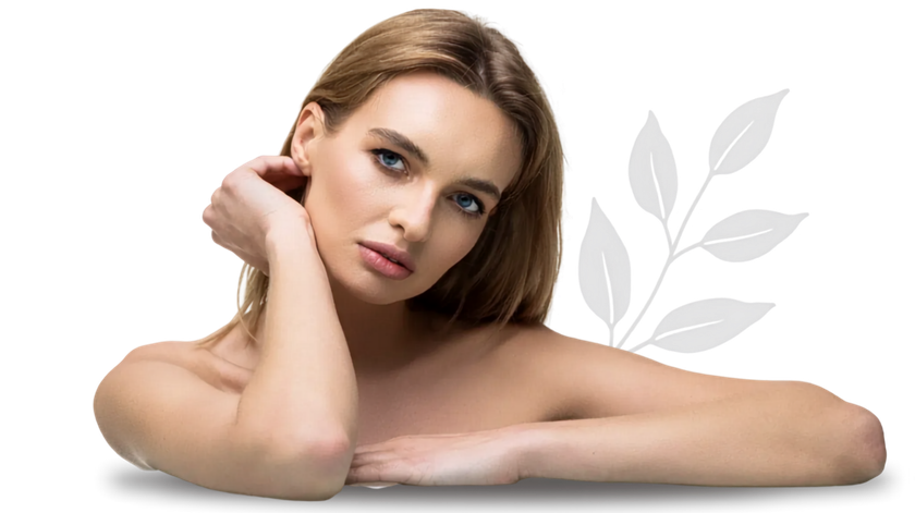 Woman resting her head on her hands against a white background with faint leaf graphics