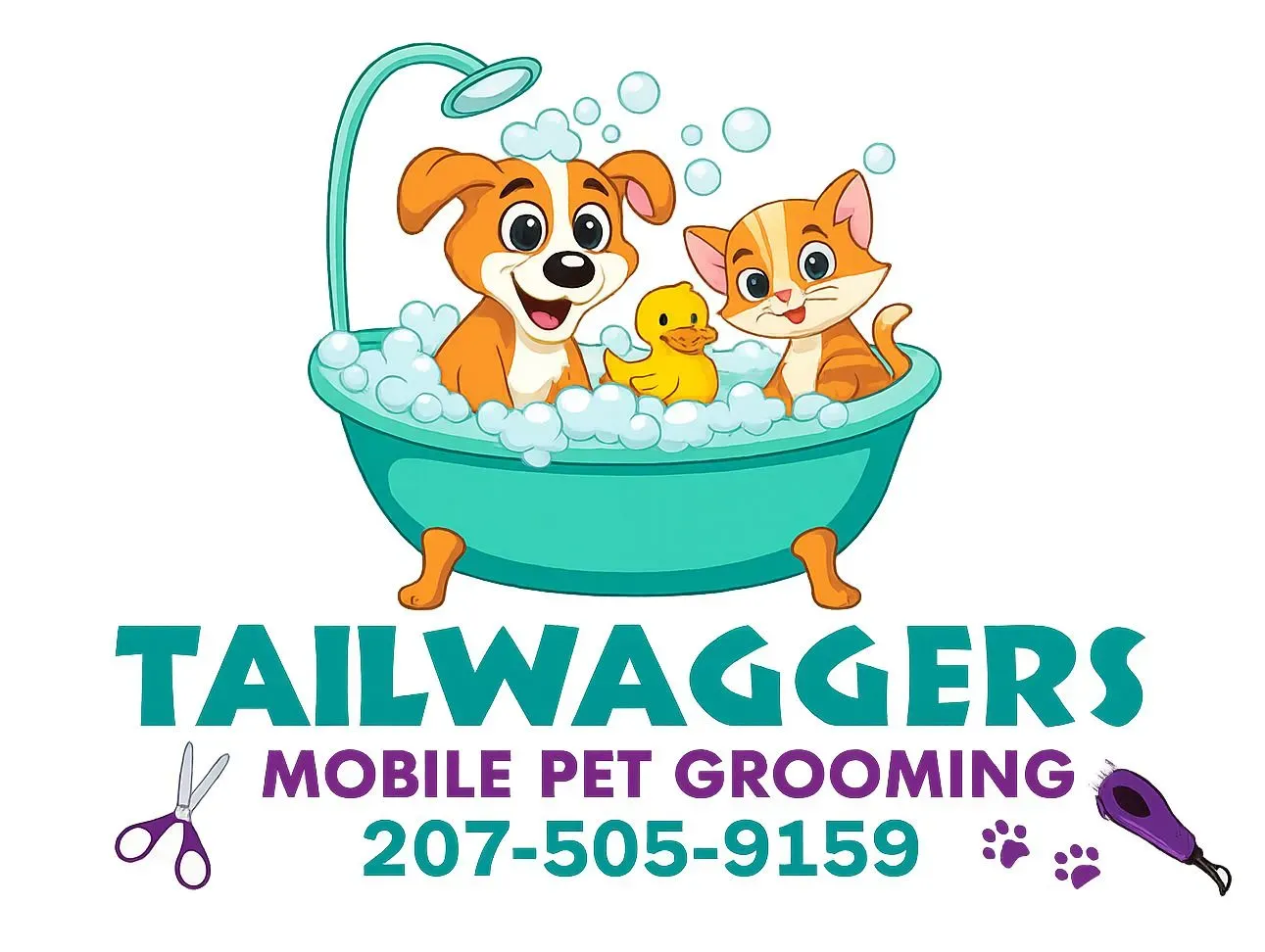 Dog and cat in a teal bathtub with bubbles, Tailwaggers mobile pet grooming logo.