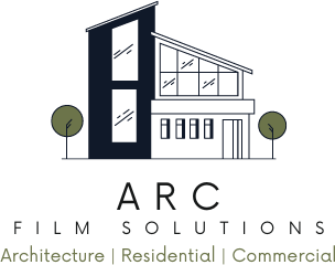 The logo for arc film solutions shows a house with trees in front of it.