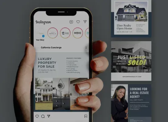 A person is holding a cell phone that says luxury property for sale