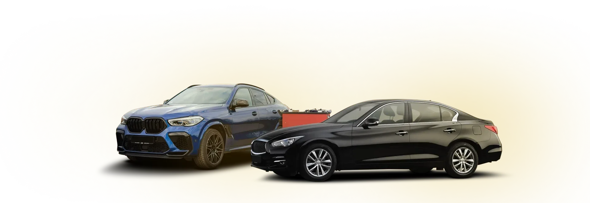 Blue Car and Black Car with Red Toolbox - Flame Auto Repair