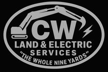 Logo for CW Land & Electric Services: excavator over initials "CW," lightning bolt, text "LAND & ELECTRIC SERVICES," slogan "THE WHOLE NINE YARDS."