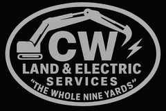 Logo for CW Land & Electric Services: excavator over initials "CW," lightning bolt, text "LAND & ELECTRIC SERVICES," slogan "THE WHOLE NINE YARDS."