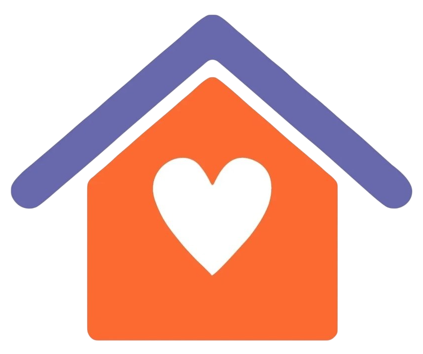 Un icono de una casa naranja con un corazón blanco en el centro y un techo azul.