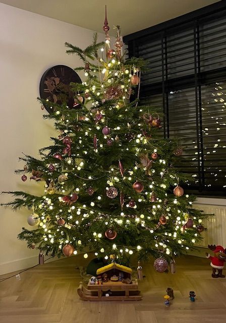 Kerstboom versierd met lichtjes en ornamenten, kerststal aan de voet.