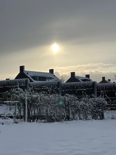 Een besneeuwd landschap met huizen en een hek onder een zonovergoten, bewolkte hemel.