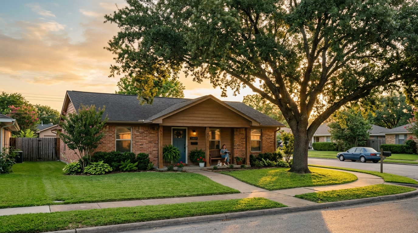 Brick home with covered porch on a quiet Texas residential street at golden hour