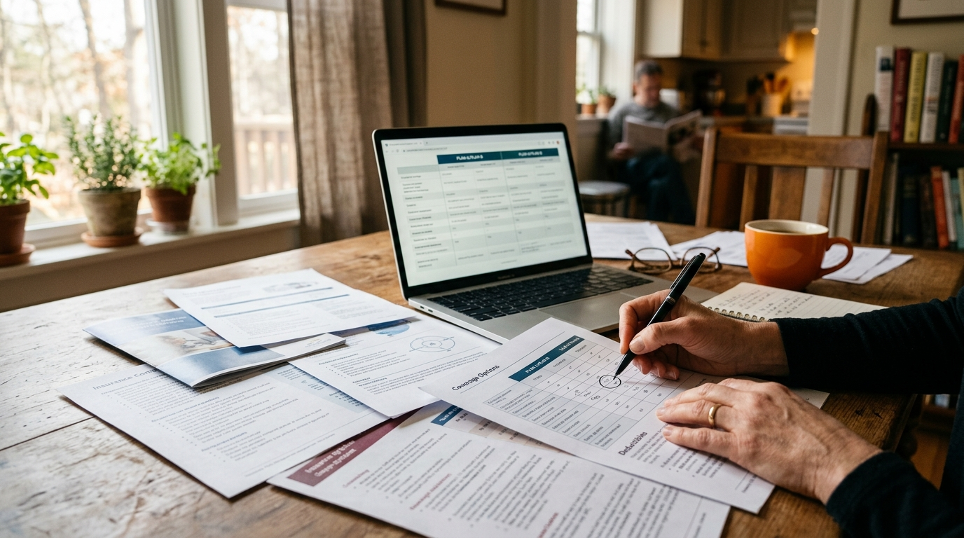 Insurance brochures and comparison charts spread across a kitchen table next to a laptop and coffee mug