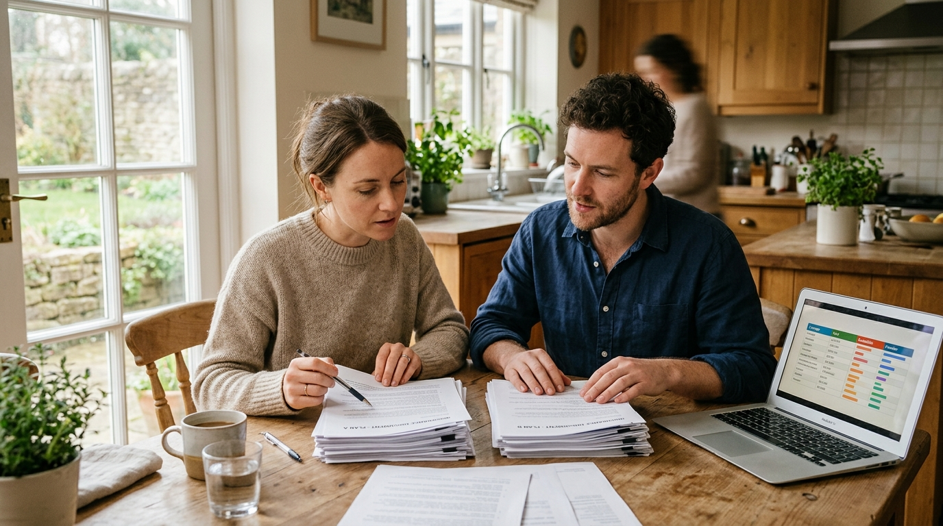 Couple reviewing insurance paperwork side by side at a kitchen table with morning light