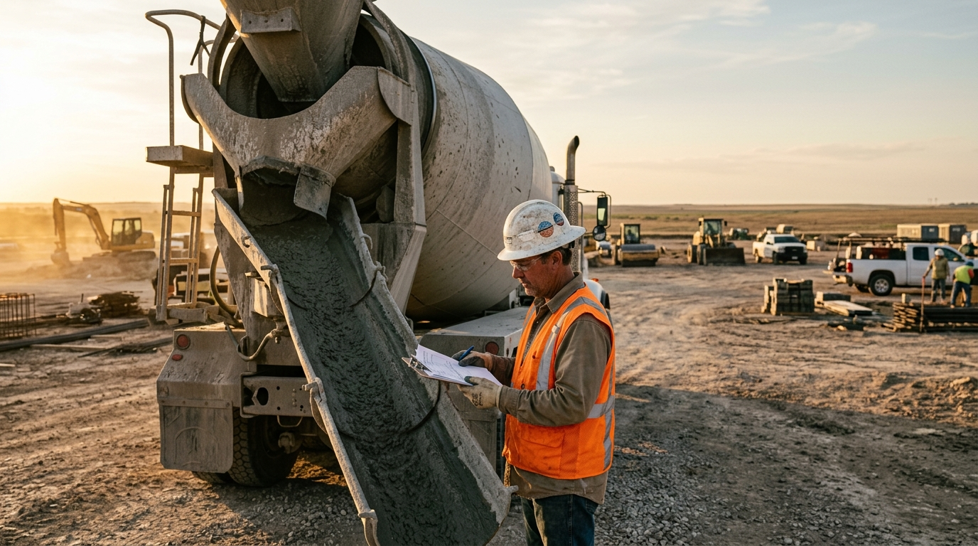 Contractor reviewing paperwork beside a concrete mixer truck at a dusty job site