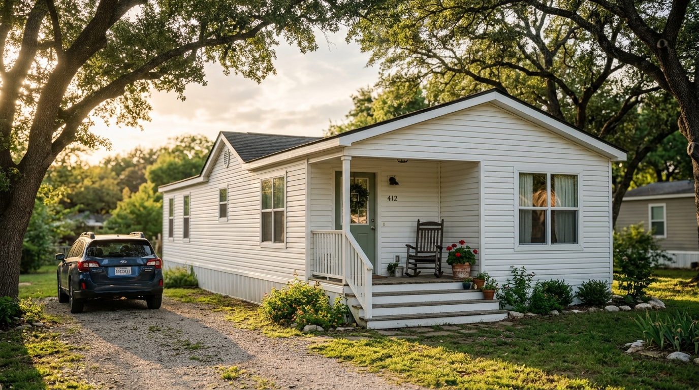 Manufactured home with covered porch under Texas live oak trees at golden hour