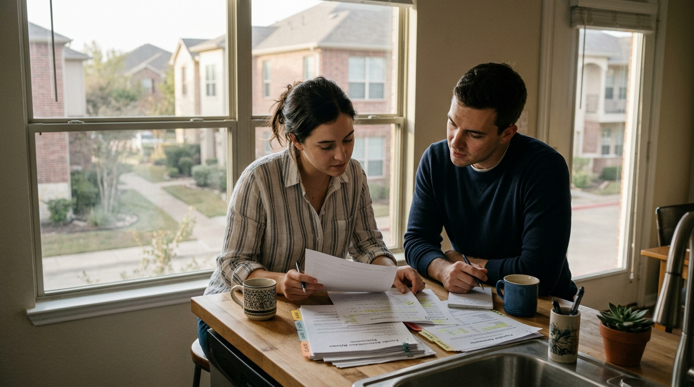 Couple reviewing condo documents at a kitchen island with coffee mugs in morning light