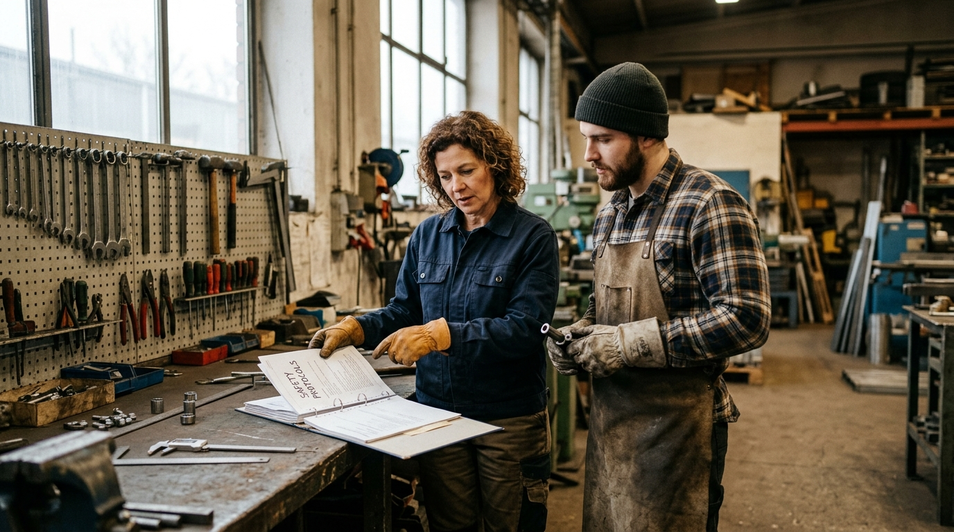 Business owner and employee reviewing safety documents at a workshop workbench