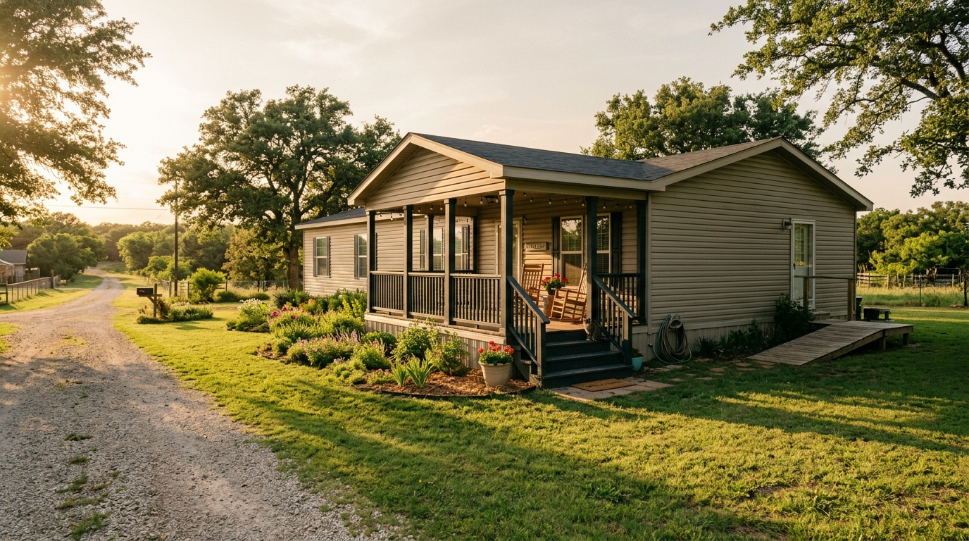 Double wide manufactured home with covered porch on a quiet Texas lot at golden hour