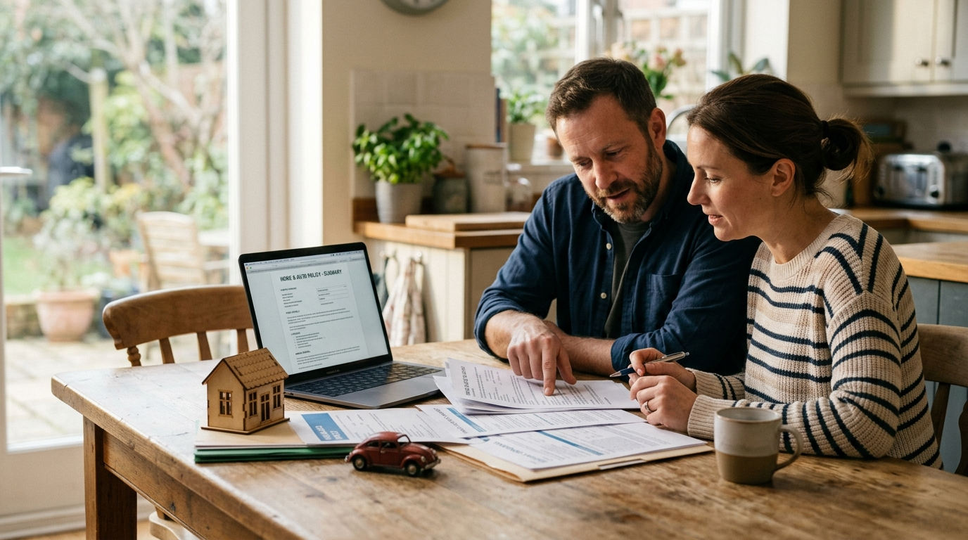 Couple reviewing insurance paperwork at kitchen table with laptop and model house